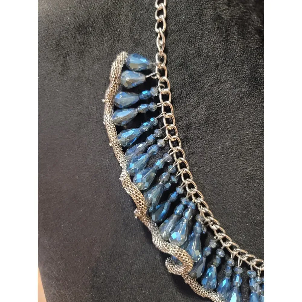 Women's Silver Tone Blue Faceted Crystal Bib Necklace Statement Fashion Jewelry - Picture 5 of 7